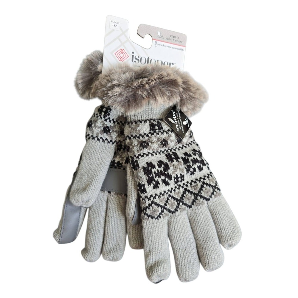 NWT Isotoner gloves Women's Nordic Fairisle Knit Gloves Light Grey One Size
